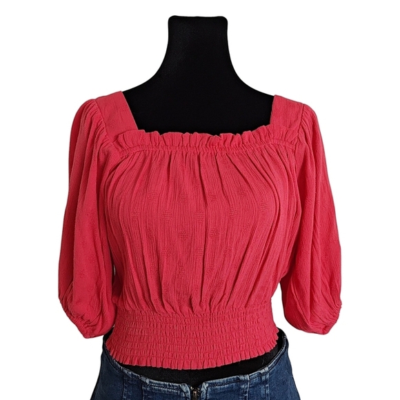 Band Of Gypsies Smocked Hot Coral Square Neck Puffy Sleeve Top Size Small - Picture 6 of 11